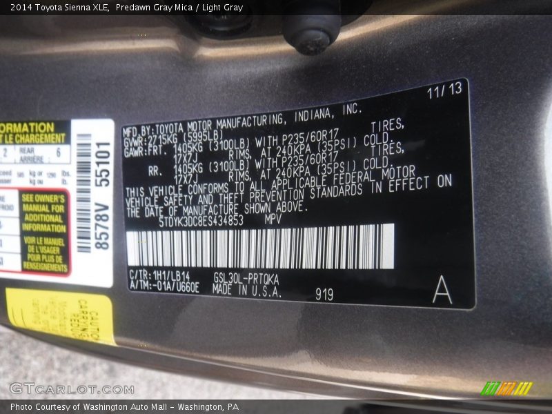 Predawn Gray Mica / Light Gray 2014 Toyota Sienna XLE