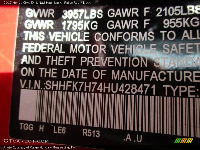 2017 Civic EX-L Navi Hatchback Rallye Red Color Code R513