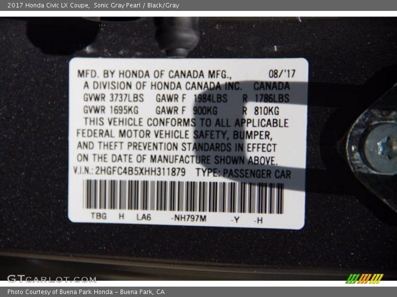 Sonic Gray Pearl / Black/Gray 2017 Honda Civic LX Coupe