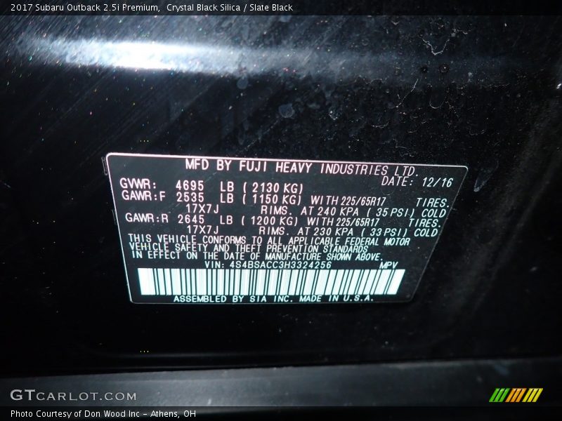 Crystal Black Silica / Slate Black 2017 Subaru Outback 2.5i Premium