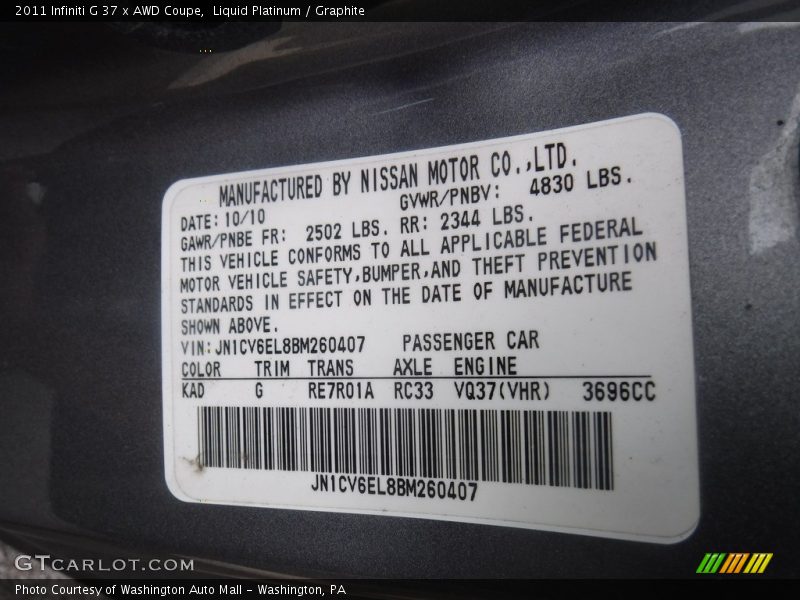 Liquid Platinum / Graphite 2011 Infiniti G 37 x AWD Coupe