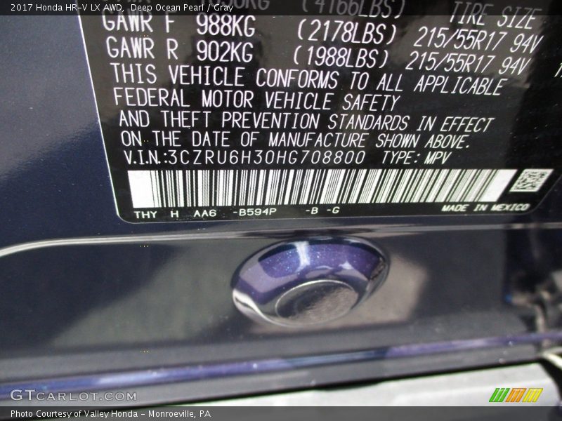Deep Ocean Pearl / Gray 2017 Honda HR-V LX AWD