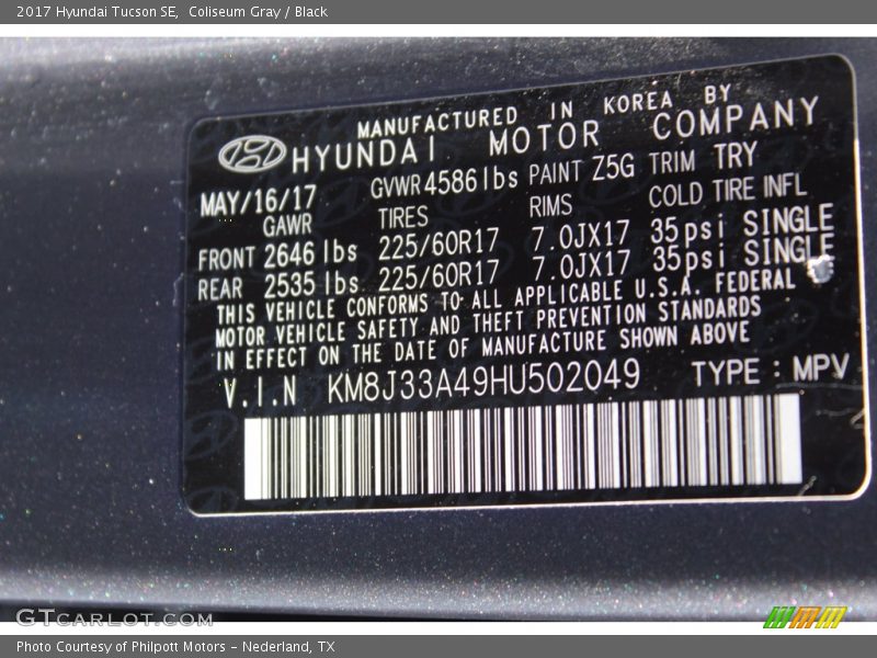 Coliseum Gray / Black 2017 Hyundai Tucson SE