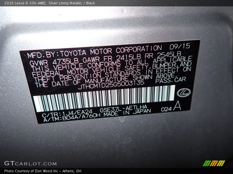 2016 IS 300 AWD Silver Lining Metallic Color Code 1J4