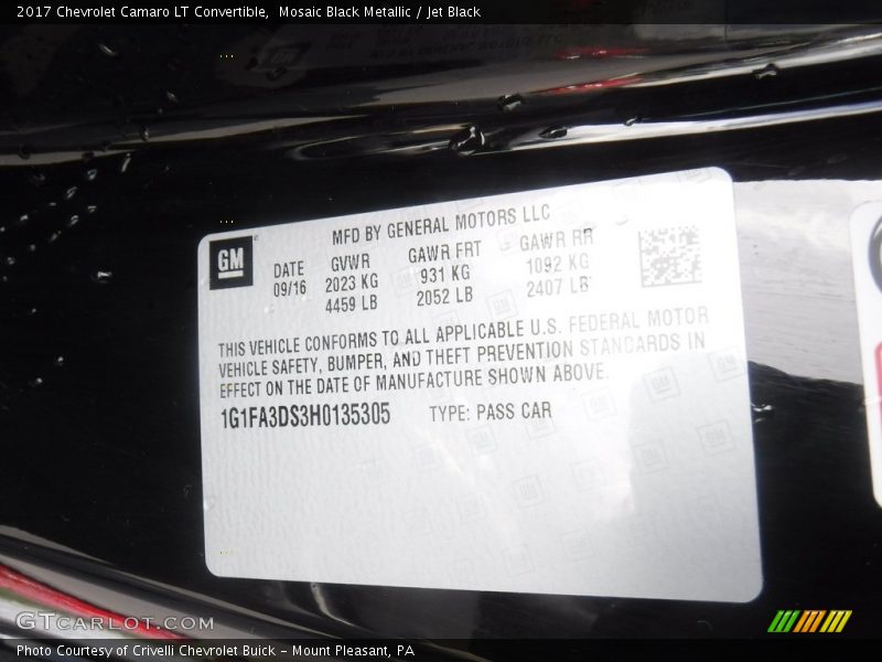 Mosaic Black Metallic / Jet Black 2017 Chevrolet Camaro LT Convertible