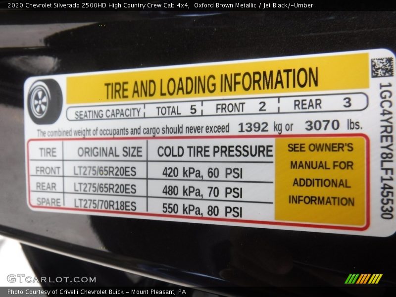 Info Tag of 2020 Silverado 2500HD High Country Crew Cab 4x4