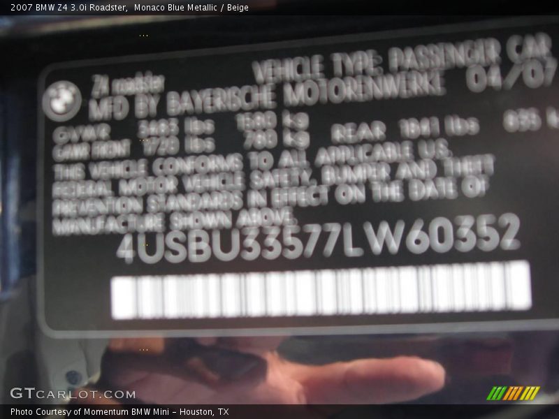 Monaco Blue Metallic / Beige 2007 BMW Z4 3.0i Roadster