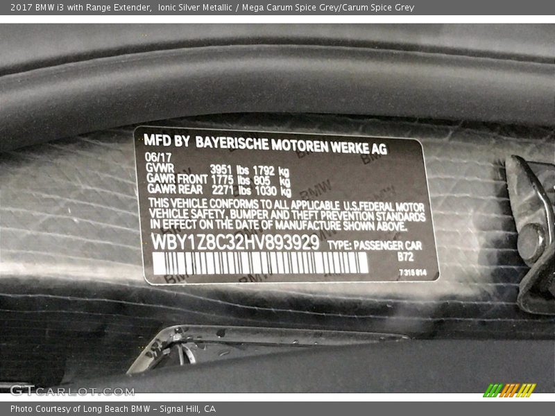 Ionic Silver Metallic / Mega Carum Spice Grey/Carum Spice Grey 2017 BMW i3 with Range Extender