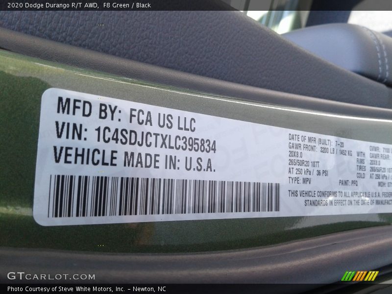 2020 Durango R/T AWD F8 Green Color Code PFQ