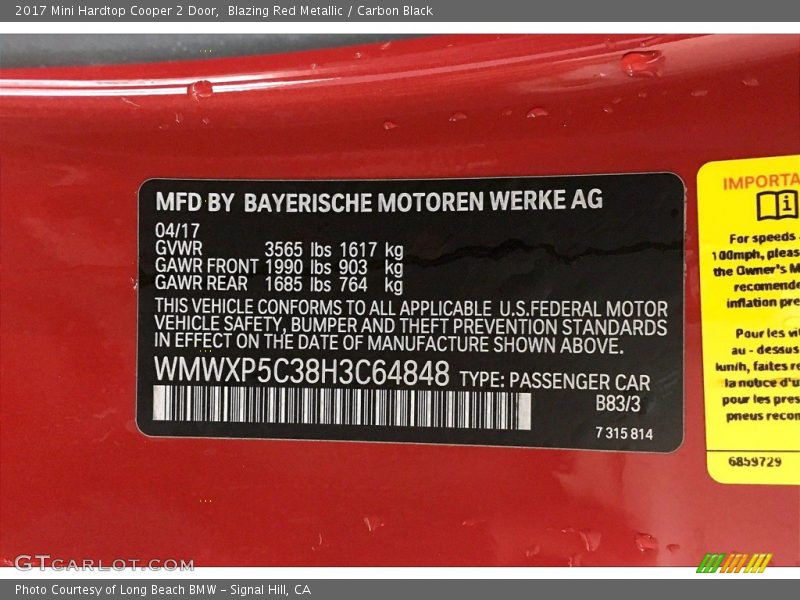 Blazing Red Metallic / Carbon Black 2017 Mini Hardtop Cooper 2 Door