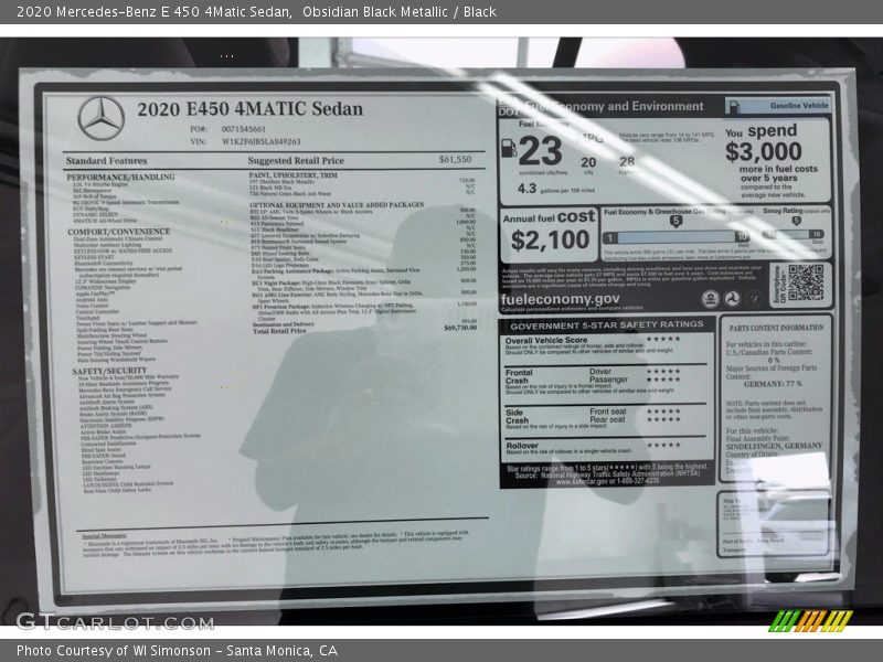  2020 E 450 4Matic Sedan Window Sticker