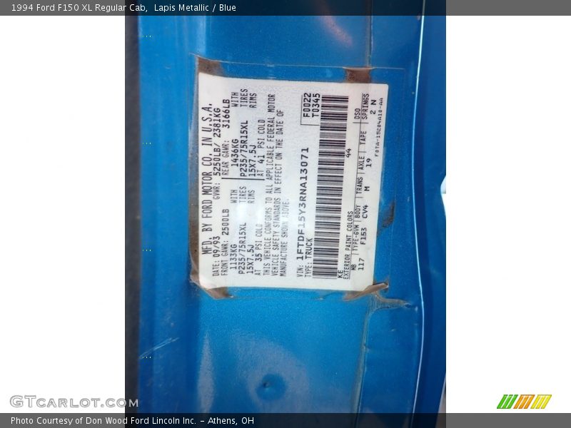 1994 F150 XL Regular Cab Lapis Metallic Color Code KE