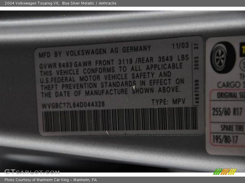 Blue Silver Metallic / Anthracite 2004 Volkswagen Touareg V6