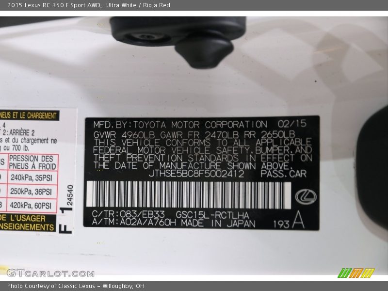 2015 RC 350 F Sport AWD Ultra White Color Code 083