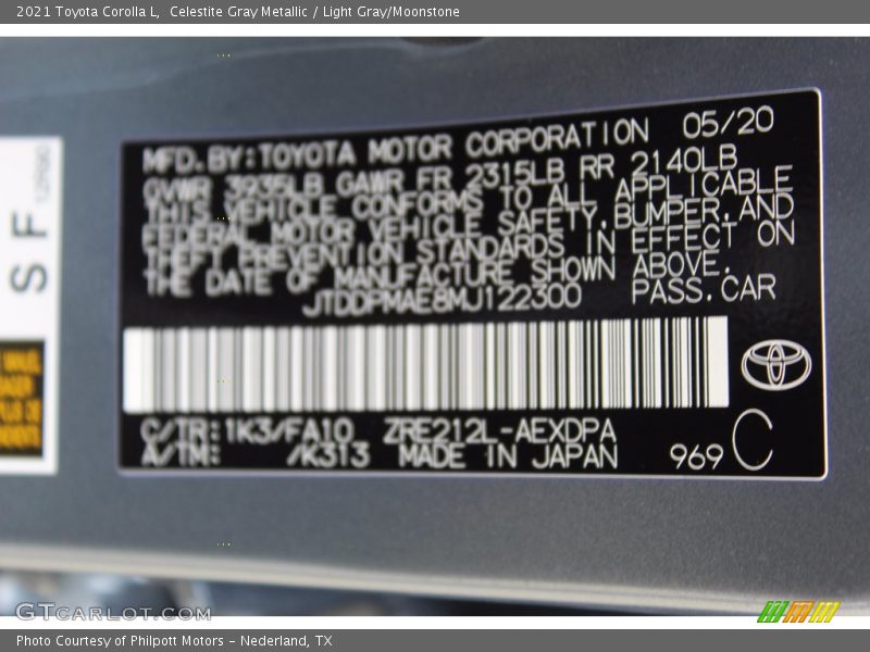2021 Corolla L Celestite Gray Metallic Color Code 1K3
