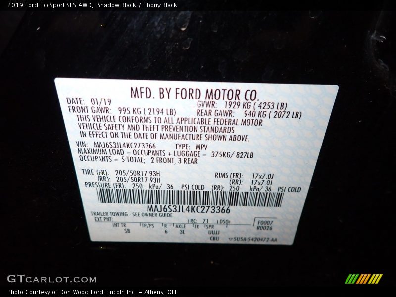 Shadow Black / Ebony Black 2019 Ford EcoSport SES 4WD