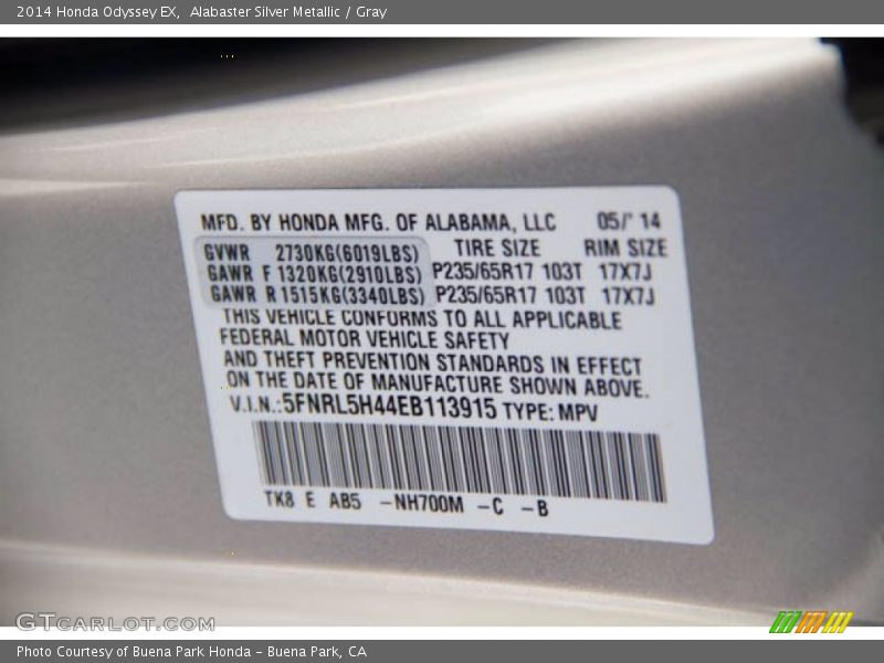 Alabaster Silver Metallic / Gray 2014 Honda Odyssey EX