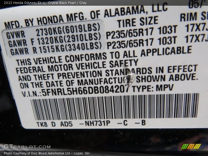 Crystal Black Pearl / Gray 2013 Honda Odyssey EX-L