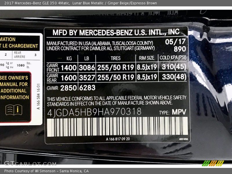 Lunar Blue Metallic / Ginger Beige/Espresso Brown 2017 Mercedes-Benz GLE 350 4Matic