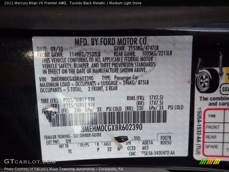 2011 Milan V6 Premier AWD Tuxedo Black Metallic Color Code UH