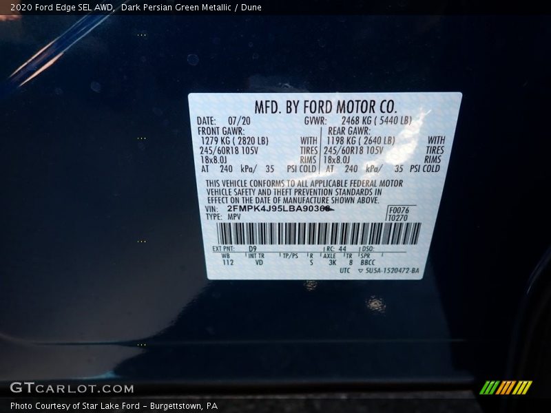 Dark Persian Green Metallic / Dune 2020 Ford Edge SEL AWD