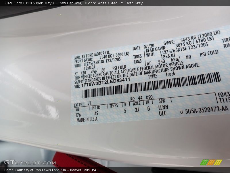 Oxford White / Medium Earth Gray 2020 Ford F350 Super Duty XL Crew Cab 4x4
