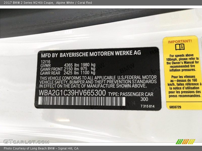 2017 2 Series M240i Coupe Alpine White Color Code 300