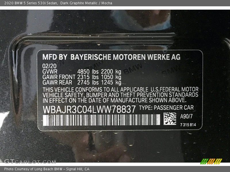 Dark Graphite Metallic / Mocha 2020 BMW 5 Series 530i Sedan