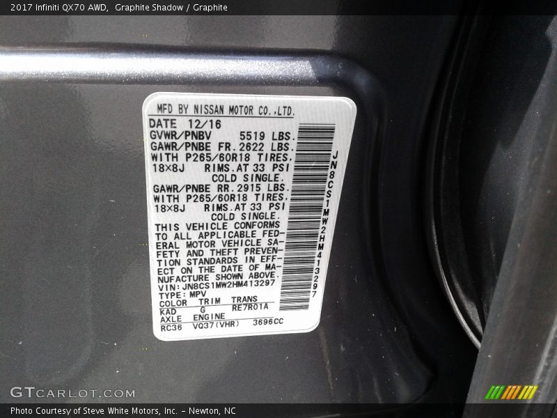 2017 QX70 AWD Graphite Shadow Color Code KAD