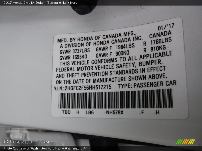 Taffeta White / Ivory 2017 Honda Civic LX Sedan