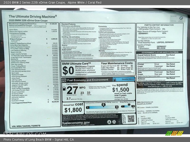 Alpine White / Coral Red 2020 BMW 2 Series 228i xDrive Gran Coupe