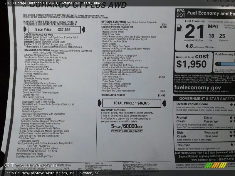 Octane Red Pearl / Black 2020 Dodge Durango GT AWD