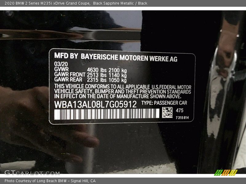 2020 2 Series M235i xDrive Grand Coupe Black Sapphire Metallic Color Code 475