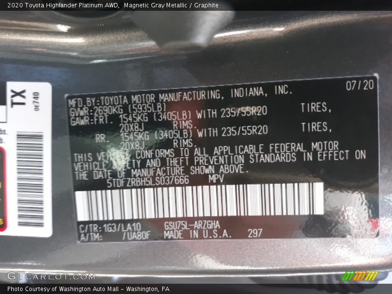 Magnetic Gray Metallic / Graphite 2020 Toyota Highlander Platinum AWD