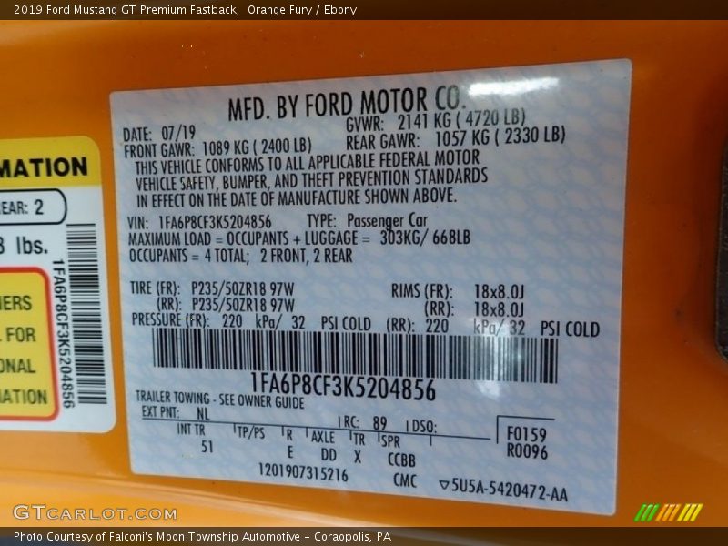 2019 Mustang GT Premium Fastback Orange Fury Color Code NL