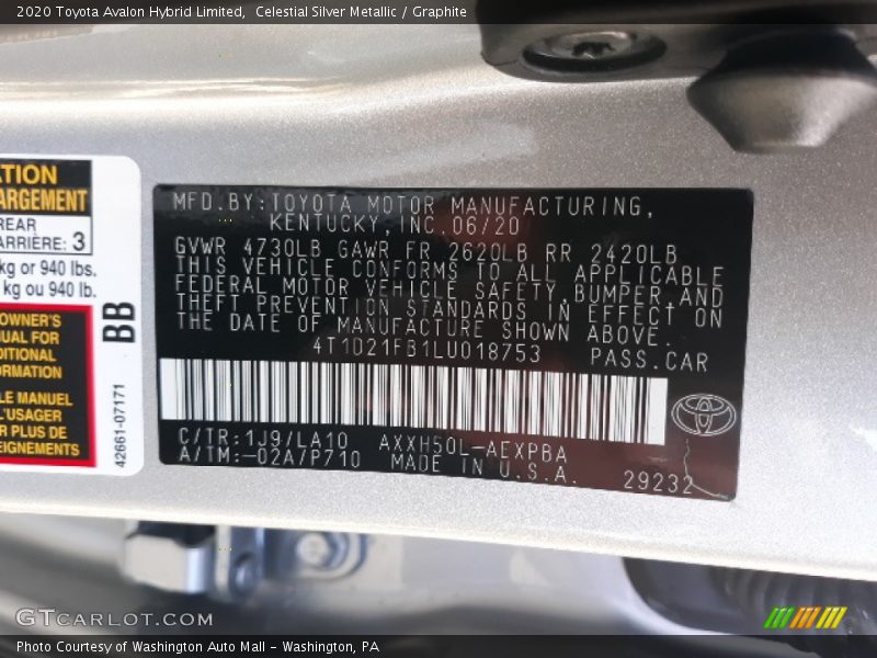 Celestial Silver Metallic / Graphite 2020 Toyota Avalon Hybrid Limited