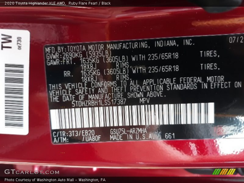 Ruby Flare Pearl / Black 2020 Toyota Highlander XLE AWD