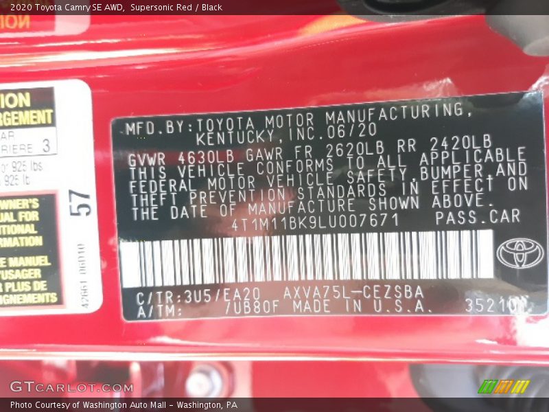 2020 Camry SE AWD Supersonic Red Color Code 3U5