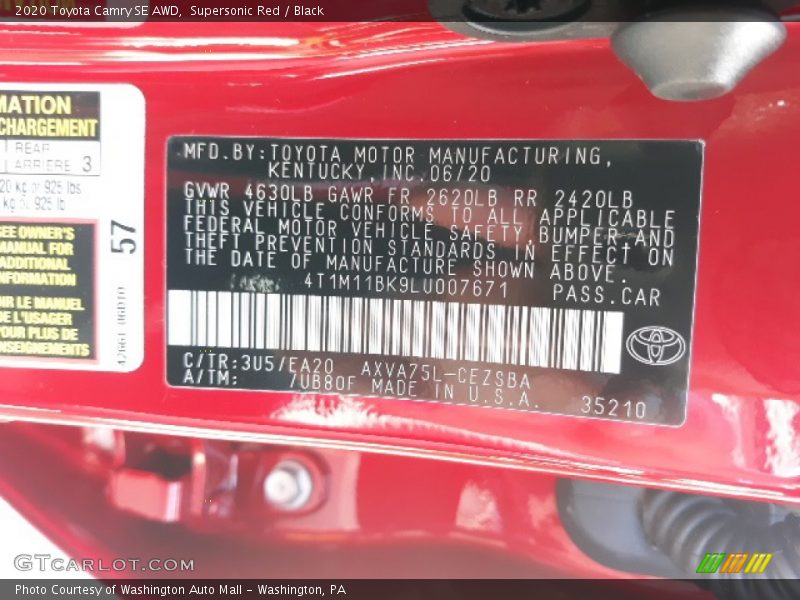 2020 Camry SE AWD Supersonic Red Color Code 3U5