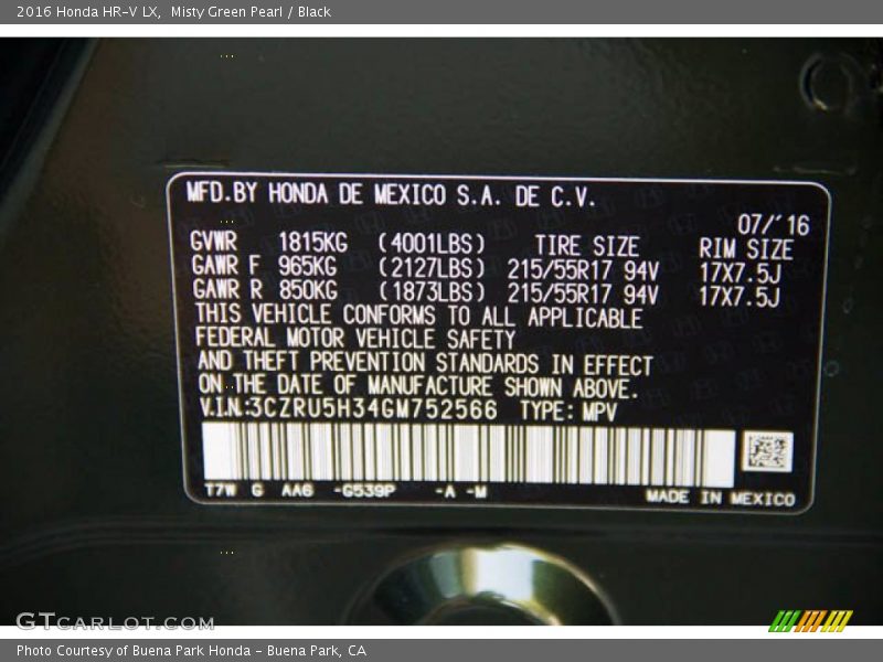 Misty Green Pearl / Black 2016 Honda HR-V LX