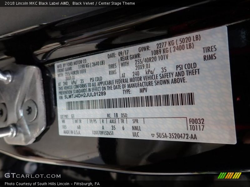 2018 MKC Black Label AWD Black Velvet Color Code G1