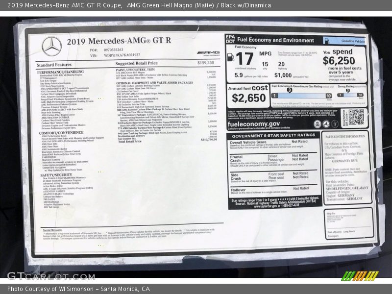  2019 AMG GT R Coupe Window Sticker