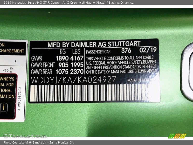 2019 AMG GT R Coupe AMG Green Hell Magno (Matte) Color Code 376