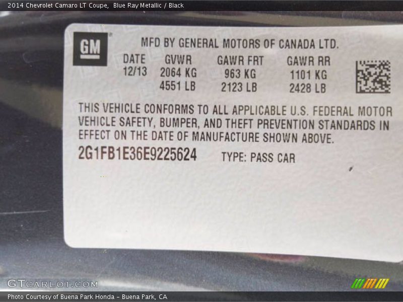 Blue Ray Metallic / Black 2014 Chevrolet Camaro LT Coupe