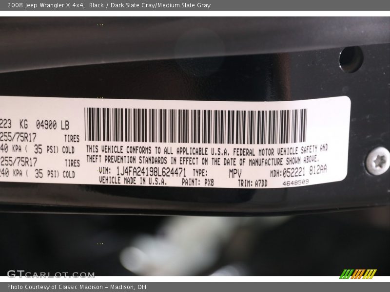 Black / Dark Slate Gray/Medium Slate Gray 2008 Jeep Wrangler X 4x4