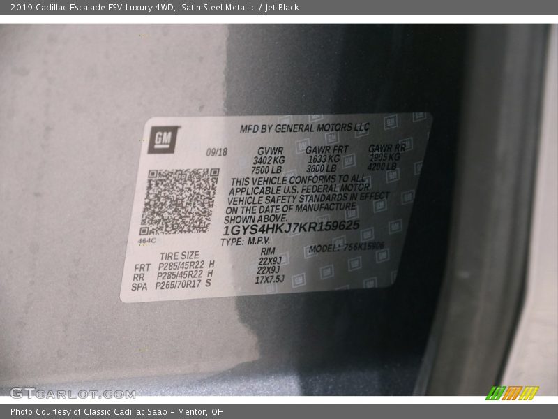 Satin Steel Metallic / Jet Black 2019 Cadillac Escalade ESV Luxury 4WD