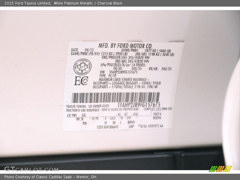 White Platinum Metallic / Charcoal Black 2015 Ford Taurus Limited
