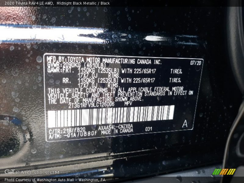 Midnight Black Metallic / Black 2020 Toyota RAV4 LE AWD