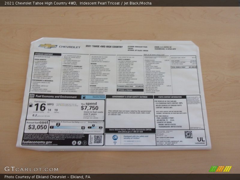  2021 Tahoe High Country 4WD Window Sticker