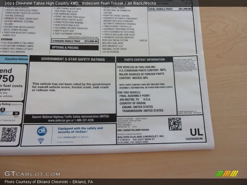  2021 Tahoe High Country 4WD Window Sticker